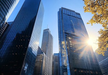 Obraz premium Skyscrapers in the City with Reflected Glass Facades and Sunlight