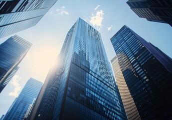 Obraz premium Skyscrapers in the City with Reflected Glass Facades and Sunlight