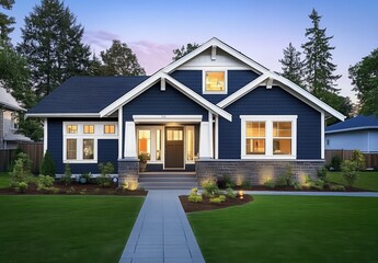 Dark Blue Craftsman-Style Home with White Trim and Pathway