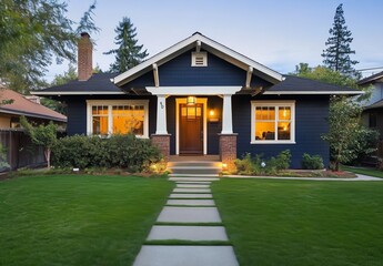Dark Blue Craftsman-Style Home with White Trim and Pathway