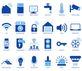 Smart home icon set vector illustration, modern internet of things symbols including lighting, security, automation, climate control and wireless network technology for UI, apps, or websites