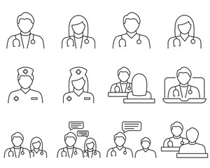 Doctor and nurse line icon set vector illustration, medical staff avatar symbols in minimal outline style, healthcare professional icons for hospital UI, clinic design and health infographic