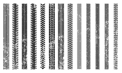 Collection of diverse tire tracks isolated on white background showing different tread patterns from various vehicles, including off-road, bicycle, motorcycle, and heavy-duty truck tires
