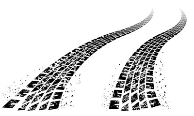 Grunge black tire track print in vertical layout, isolated on white background, perfect for automotive design, transportation concept, off-road illustration, and vehicle trail texture applications