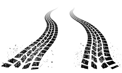 Realistic black tire tread pattern isolated on white background, showcasing detailed symmetrical vehicle track design suitable for automotive, transportation, and road safety visuals © Vector Jungle