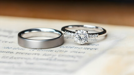 Elegant Pair Of Wedding Rings On Vintage Book