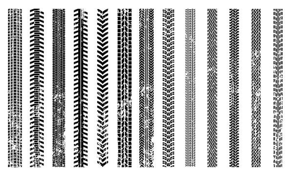 Collection of diverse tire tracks isolated on white background showing different tread patterns from various vehicles, including off-road, bicycle, motorcycle, and heavy-duty truck tires