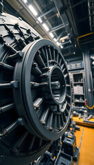 large jet engine sitting inside of a hangar