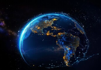 Obraz premium Digital Map of Earth with Global Network Connections and City Lights at Night