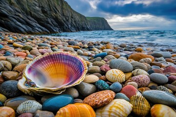 Vibrant seashell rests on a colorful pebble beach near dramatic cliffs under a cloudy sky