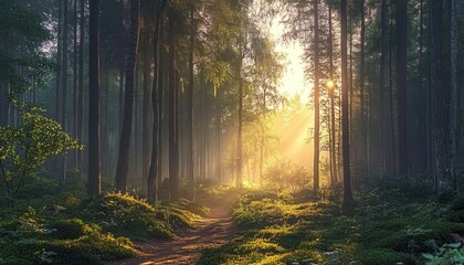 Naklejka premium Sunrise in the Forest with Tall Trees and Sunlight Filtering Through