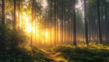 Naklejka premium Sunrise in the Forest with Tall Trees and Sunlight Filtering Through