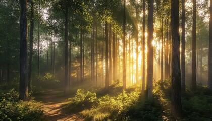 Obraz premium Sunrise in the Forest with Tall Trees and Sunlight Filtering Through