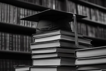 A graduation cap rests atop a stack of books in a library setting, creating a mood of academic achievement and success.  Perfect for education and graduation themes.