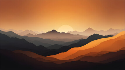 A misty sunrise paints the mountain range as the sun dips below the horizon at dusk, coloring the sky with hues of blue and orange