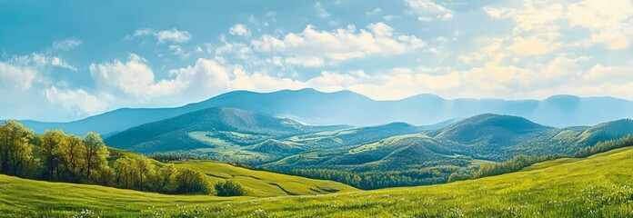 Panoramic Spring Landscape of Carpathian Mountains with Green Hills in Heidouris Acrylic Painting Style