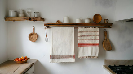 Rustic Kitchen With Wooden Shelves And Towels
