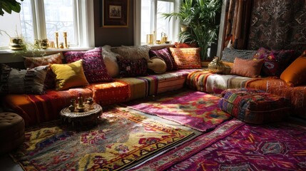 Bohemian reading nook with layered rugs, vibrant cushions, and a cozy, inviting atmosphere. 