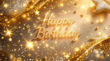 Elegant 'Happy Birthday' greeting card design, featuring luxurious golden and silver tones throughout.
