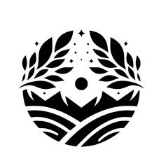 Elegant Circle Design: Nature Scene with Leaves, Mountains, and Stars