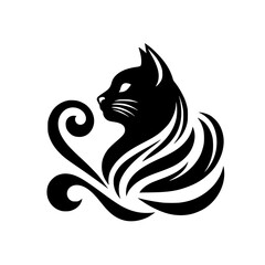 Elegant Black Cat Silhouette with Swirls, Vector Logo Illustration