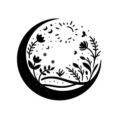 Celestial Bloom: Black & White Moon and Floral Design