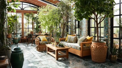 Bohemian-inspired conservatory with exotic plants, patterned tiles, and relaxed, airy seating 