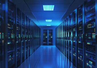 Fototapeta premium High-Tech Data Center with Blue Lighting Featuring Server Cabinets Representing Cloud Computing and Cybersecurity Infrastructure