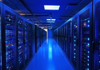 Fototapeta premium High-Tech Data Center with Blue Lighting Featuring Server Cabinets Representing Cloud Computing and Cybersecurity Infrastructure