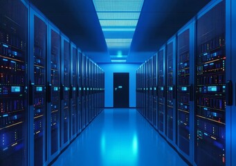 High-Tech Data Center with Blue Lighting Featuring Server Cabinets Representing Cloud Computing and Cybersecurity Infrastructure