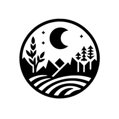 Minimalist Nighttime Landscape Circle Design - Moon, Mountains, Trees