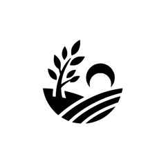 Minimalist Farm Logo: Black and White Illustration with Tree, Field, and Crescent
