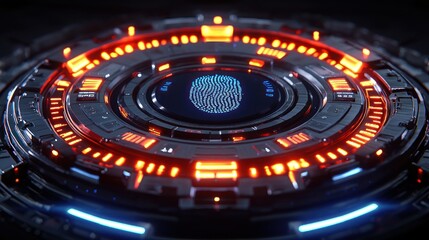 Futuristic fingerprint scanner with glowing orange and blue lights on tech surface