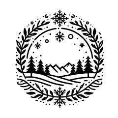 Winter Mountain Scene in a Decorative Floral Frame - Line Art