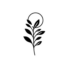 Minimalist Botanical Illustration: Black Plant Silhouette with Circle, White Background