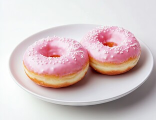 Two pink glazed donuts with sprinkles on a white plate