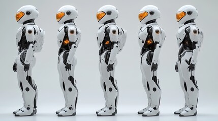 Five identical white robots with orange visors standing in a row.