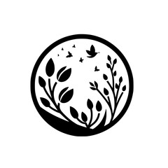 Minimalist Black & White Nature Circle Logo: Birds, Flowers, and Plants.