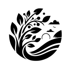 Minimalist Nature Scene: Tree, Landscape, Black & White Illustration