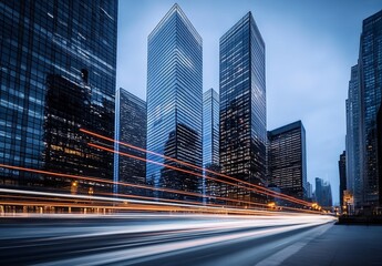 Fototapeta premium Long-Exposure Cityscape with Skyscrapers and Light Streaks of Cars