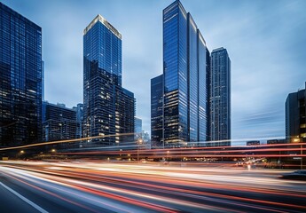 Obraz premium Long-Exposure Cityscape with Skyscrapers and Light Streaks of Cars