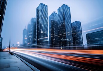 Fototapeta premium Long-Exposure Cityscape with Skyscrapers and Light Streaks of Cars