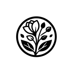 Minimalist Floral Logo in Circle, Black & White, Botanical Icon