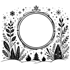Festive Winter Circle Frame, Black and White Illustration