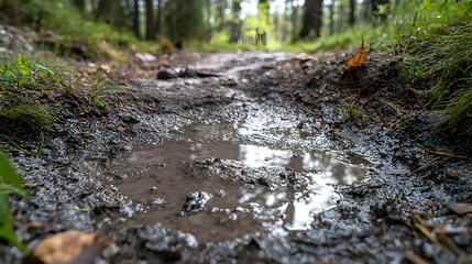 Fototapeta premium Muddy Forest Path With Puddle