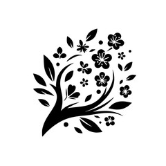 Silhouette Floral Design: Black Blossoms and Foliage on White