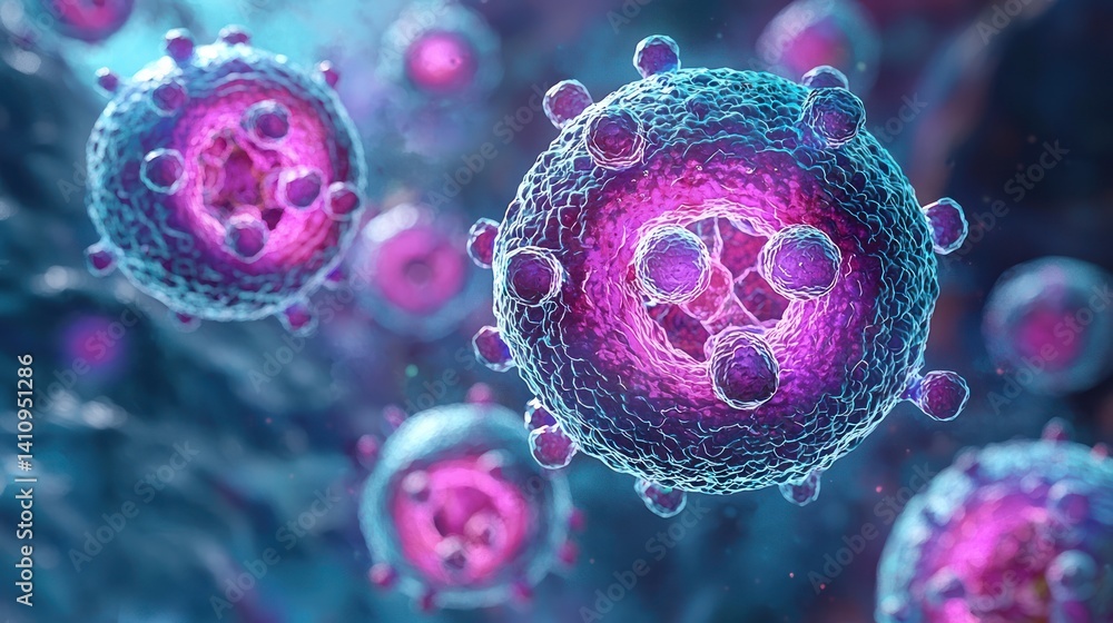Poster microscopic view of virus particles: a 3d render depicting the intricate structure of a virus
