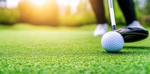 Golf Player Swinging Driver with Ball on Green Grass, Action Shot at Sunny Golf Course with Copy Space for Banner Use