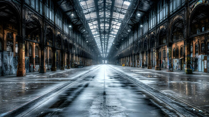 Obraz premium Urban Industrial Architectural Empty Hallway With Wet Floor