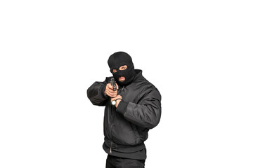 Masked criminal pointing gun and flashlight, isolated on white background